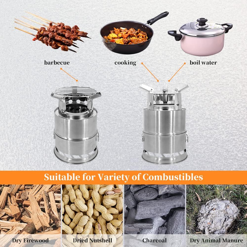 Camping Stove， Portable Wood Burning Stove Foldable Camping Stove Stainless Steel Camping Cookware Rocket Stove with Cut Resistant Gloves, Wire Saw for Outdoor Backpacking Hiking Traveling Picnic BBQ