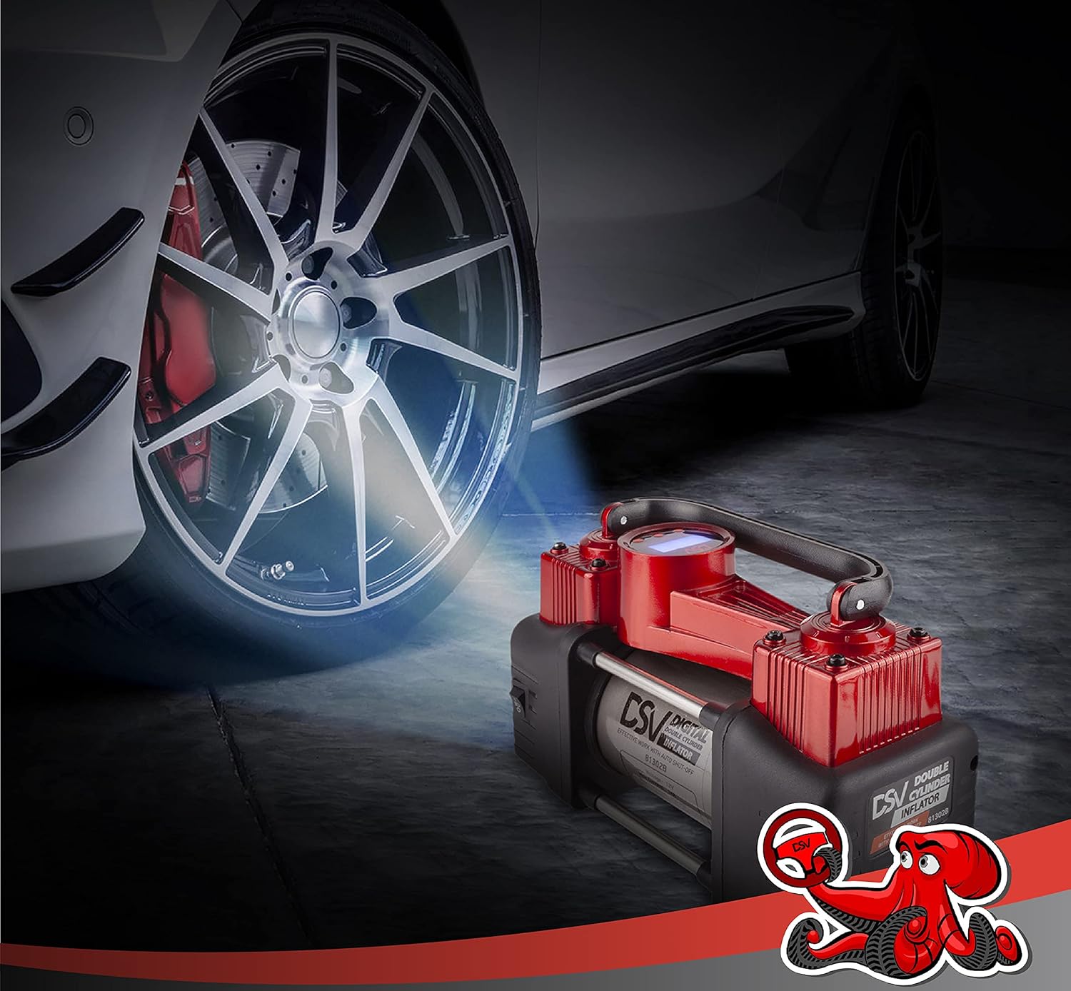 DSV Standard Portable Heavy Duty Double Cylinders Car Air Compressor Digital Tire Inflator,12V 150PSI Air Pump with Auto Shut Off, LED Light, Extension Hose.Ideal for Truck Tires, Bicycle, Inflatables