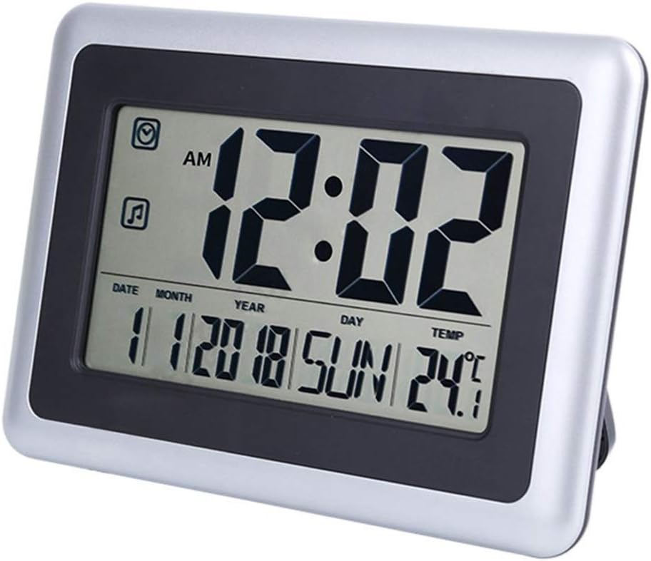 Atomic Wall Desk Clock Large Display with Indoor Outdoor Temperature Date Calendar, Digital Alarm Clock Battery Operated Without Backlight for Kitchen Bedroom