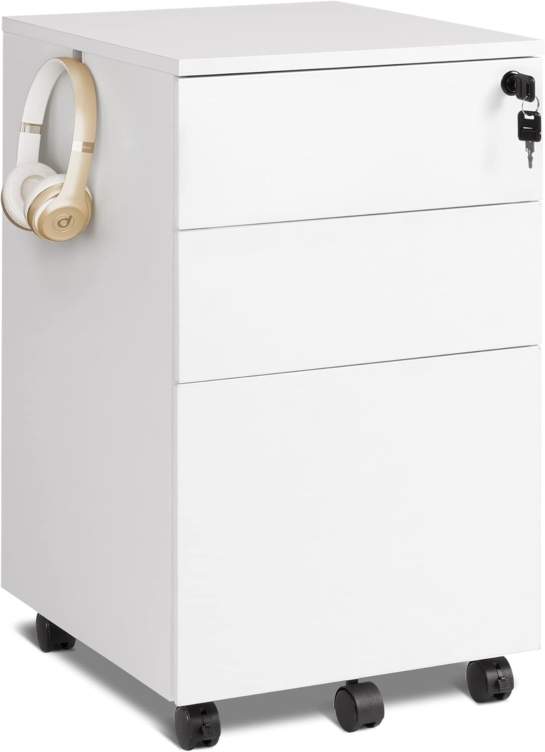 DEVAISE 3 Drawer Rolling File Cabinet with Lock, Wood Under Desk Filing Cabinet fits Letter/Legal/A4 Size for Home Office, White