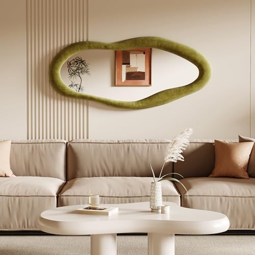Honyee Full Length Mirror, 63" x 24" Wall Mirror, Flannel Wrapped Wooden Frame Floor Mirror, Irregular Wavy Mirror Hanging or Leaning Against Wall for Cloakroom/Bedroom/Living Room, Milk Tea
