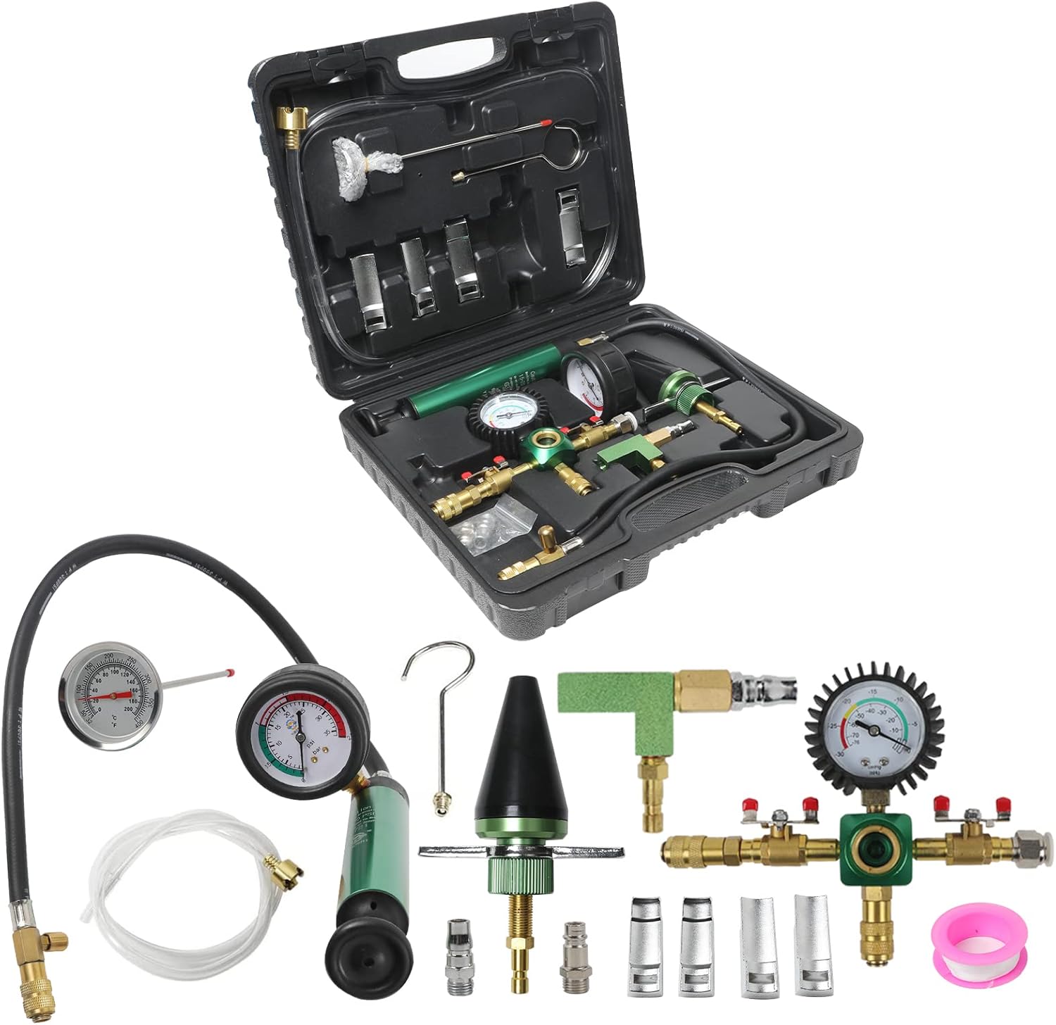 MOTOCOCHE Automotive Radiator Pressure Tester with Universal Rubber Adapter, Vacuum-Type Cooling System Leak Test Kit with American&European Style Air Plug Compatible with BMW VW BENZ