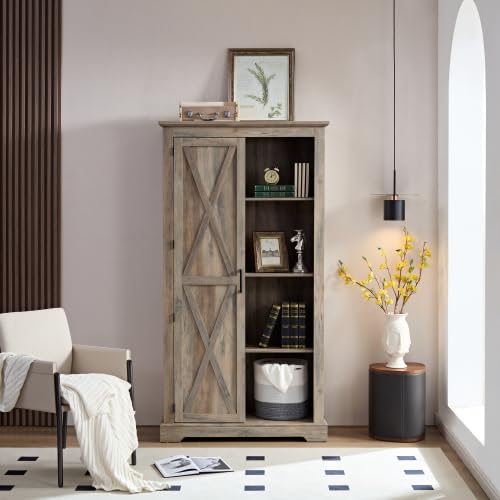 Tall Storage Cabinet Barn Door Storage Pantry Cupboard Sliding Door Kitchen Organizer Furniture Home Drawer Shelves 39.37 * 15.75 * 74.4 Gray Wash