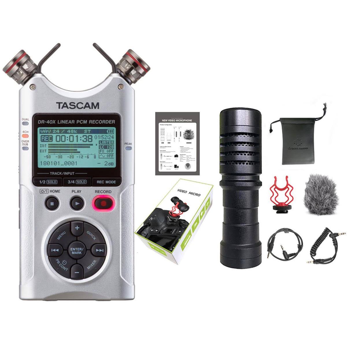 Tascam DR-40X 4-Track Audio Recorder and USB Audio Interface Silver w/Microphone