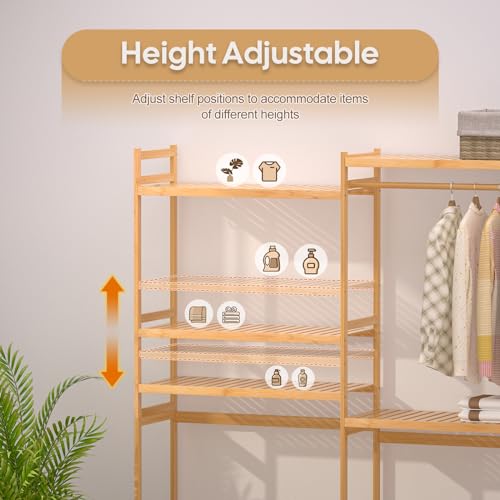 Cozivolife Over The Washer and Dryer Storage Shelf Bamboo,5 Tiers Laundry Room Drying Rack with Adjustable Shelves and 4 Hooks,Space Saver Organizer for Hanging Clothes and Towels