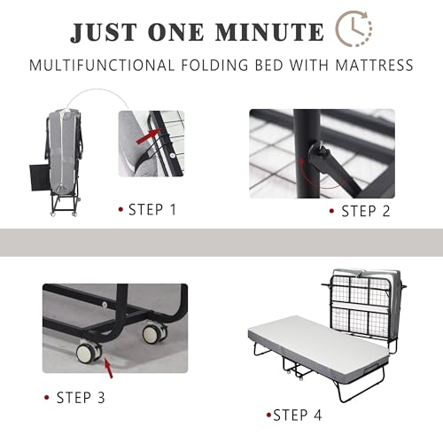Folding Bed, Portable Foldable Bed with Mattress, 75"x 38" Rollaway Bed Guest Bed for Adults, Fold up Bed with Sturdy Metal Frame& Wheels, Space-Saving Sleeper Bed,Black