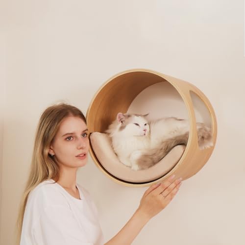 Cat Wall Shelves Round for Large Cat Bed Shelf with Cushion Wall Mounted Cat Condo Cat Perch Wooden Cat Wall Furniture 16.1"x11.8"x16.1", Support to 50 LBS(Left Opening,Oak)
