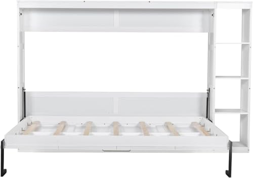 Full Murphy Bed with Storage Shelves,Wood Murphy Bed Cabinet with Storage Bookcase,Fold Up Bed Modern Murphy Wall Bed Full Size (White,Full)