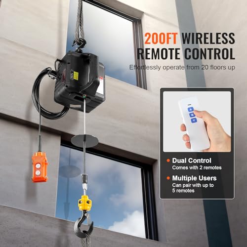 VEVOR Electric Hoist, 440 lbs Lifting Capacity, 480W 110V Electric Steel Wire Winch with Wireless Remote Control, 40ft Single Cable Lifting Height & Pure Copper Motor, for Garage Warehouse Factory