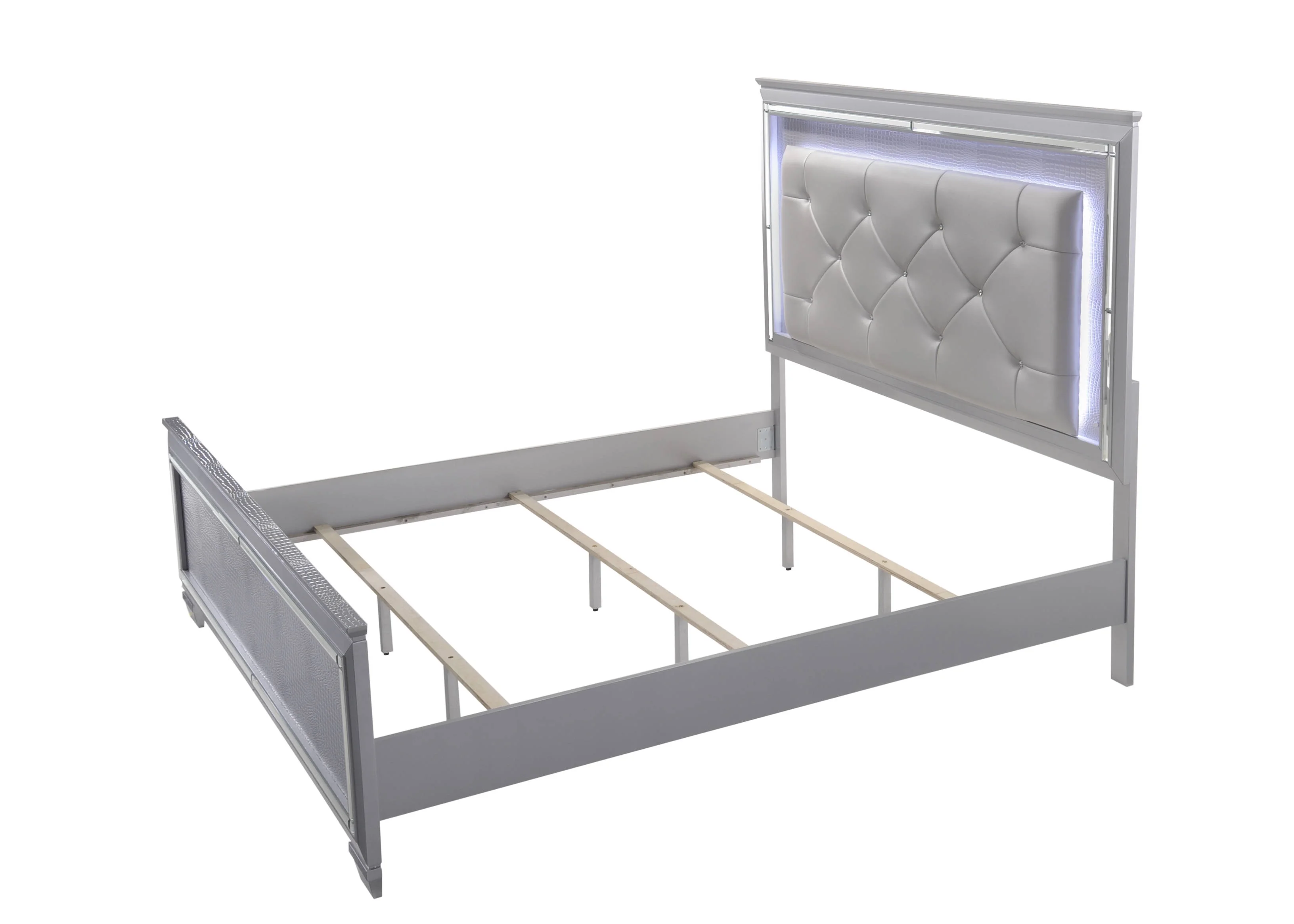 Contemporary Silver Finish 6pc King Size LED Backlit Upholstered HB Bed Dresser Mirror Nightstand Chest Wooden Bedroom Furniture Set