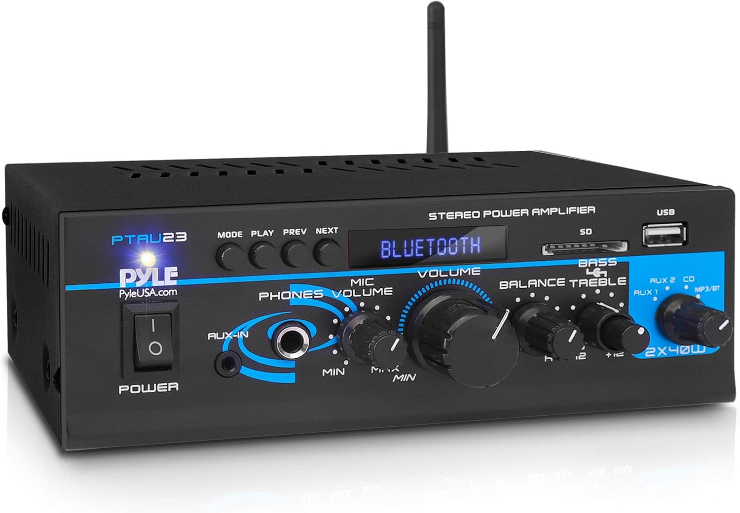 Home Audio Bluetooth Power Amplifier System - 2X40W Mini Dual Channel Mixer Sound Stereo Receiver Box w/ RCA, USB, AUX, Headphone, Mic Input, Theater, Home Entertainment, Studio Use - Pyle PTAU23
