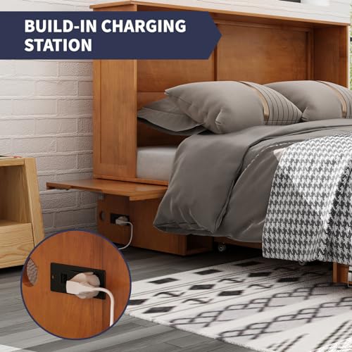 Queen Size Murphy Bed with Large Storage Drawer, Cabinet Bed with Folding Mattress, Murphy Cube Chest Bed with USB Charging Station and Foldable Tray Table - Gray