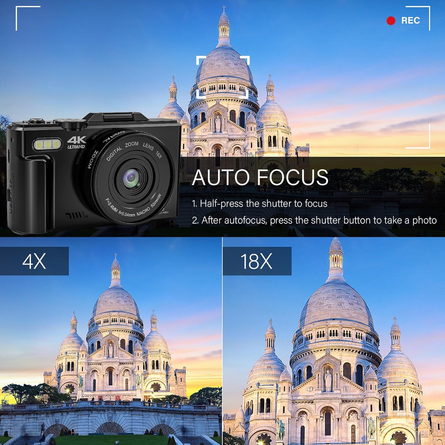 4K Digital Camera for Photography, 64MP Vlogging Camera for YouTube with 18X Zoom, Auto-Focus 4K Video Camera with 32GB SD Card, 3.0 inch Flip Screen Compact Camera with 2 Batteries