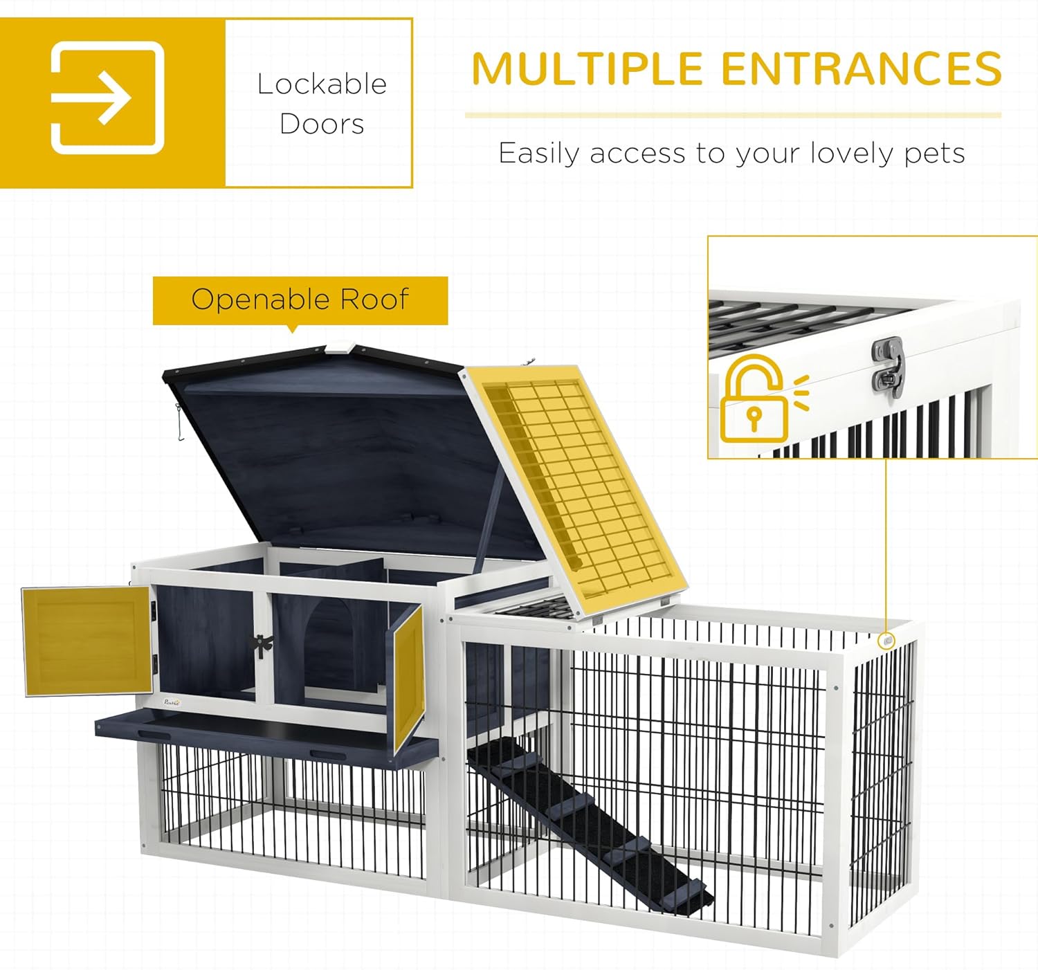 2 Levels Outdoor Rabbit Hutch with Openable Top, 59" Wooden Large Rabbit Cage with Run Weatherproof Roof, Removable Tray, Ramp, Dark Gray