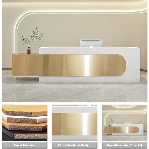 Luxurious Reception Counter Desk - Reception Desk with LED Lights & Glass Top | Front Counter Desk with Lockable Drawer, for Office Boutique Lobby (64IN)