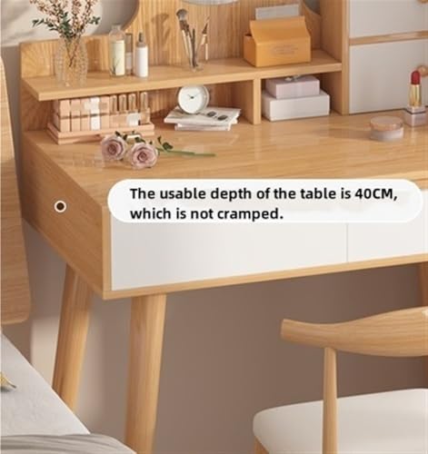 Dressing Table for Small Space, Vanity Desk Makeup Vanity Table with Lighted Mirror Vanity Set with Wood Desktop(Natural)