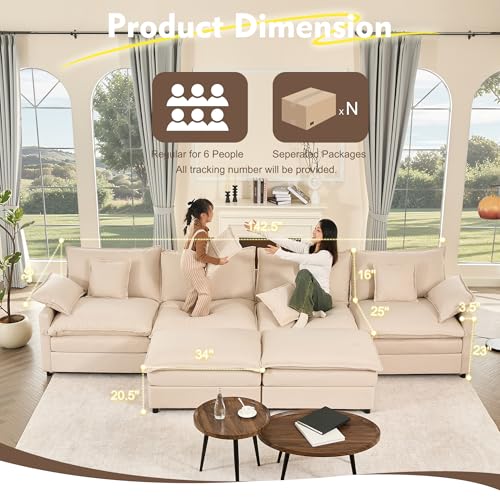 108" U Shaped Couch, Modular Sectional Sofa, 3-Seater Comfy Cloud Couch with Movable Ottoman, Deep Seat Couches for Living Room, Chenille, Black