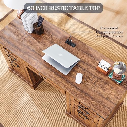 RedLemon 60" Farmhouse Executive Desk with Drawers, Wood Home Office Desk w/Charging Station, Keyboard Tray, File Drawer, Storage Cabinet, Rustic Computer Writing Desk (Natural Oak)