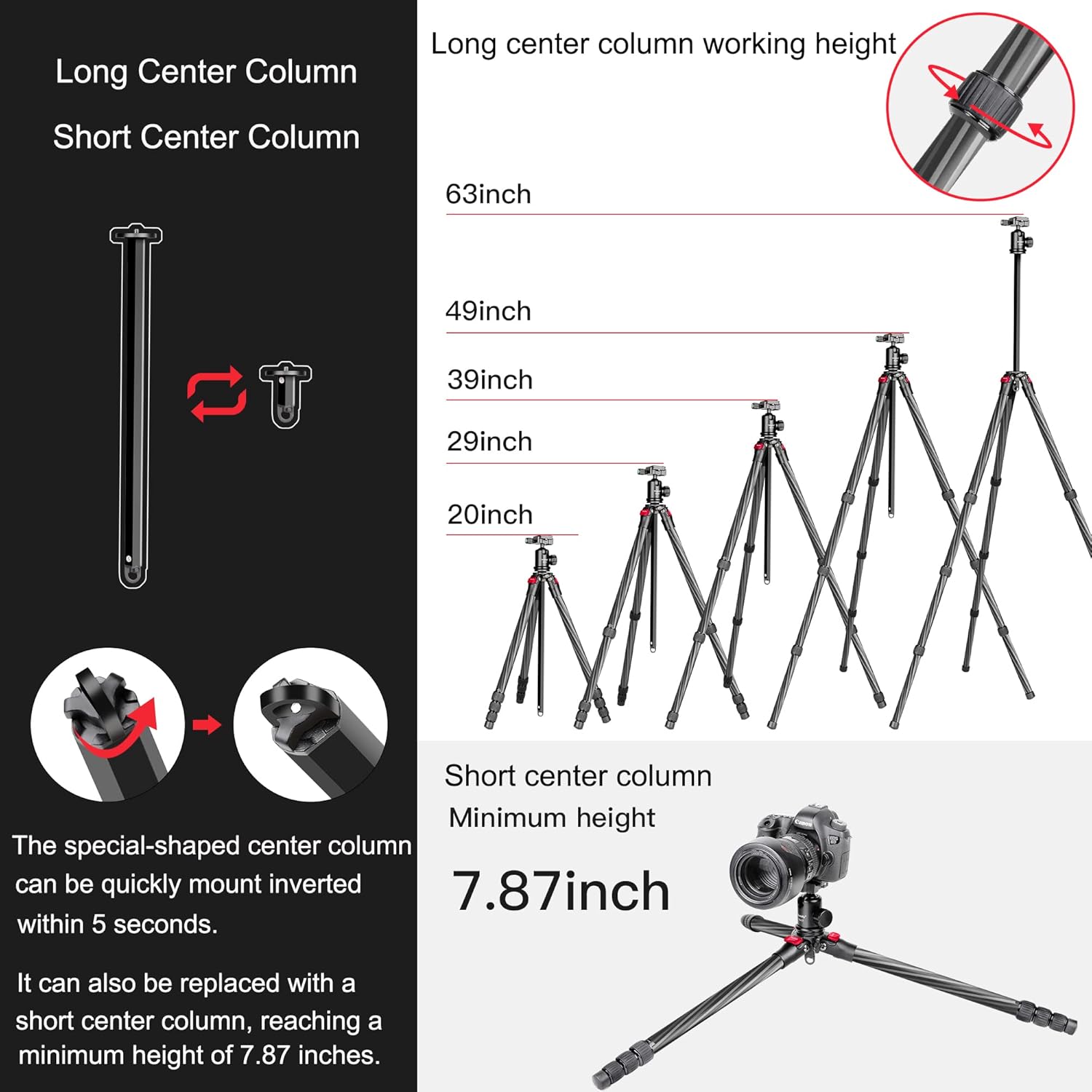 Manbily 63 Carbon Fiber DSLR Camera Tripod Monopod Kit,Compact and Lightweight,360-degree Panoramic Ball Head Quick Release Plate,5 Seconds Quickly Invert The Center Column,for Travel Work(YS-254C)