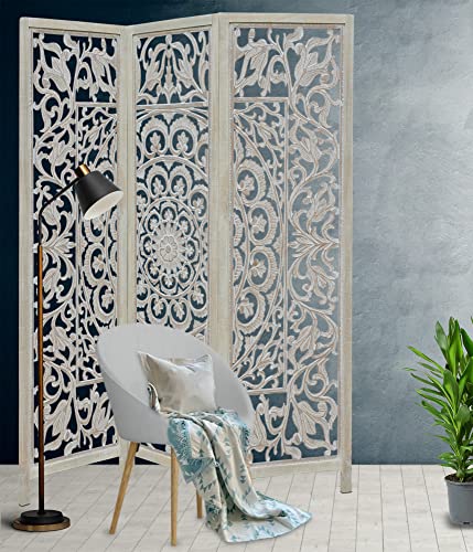 Room Divider Wood Screen - Ghanti Bells Antique Brown - 4 Panel Folding 72 x 80 - Assembled Hand Carved Decorative Functional Versatile Portable Partition Reversible Privacy Boho - COTTON CRAFT