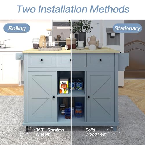 Kitchen Cart on Wheels with Drop Leaf,Rolling Kitchen Island with Storage Cabinet and 3 Drawers,Spice Rack,Towel Rack,Island Table for Kitchen,Living Room,Dining Room (Grey Blue)