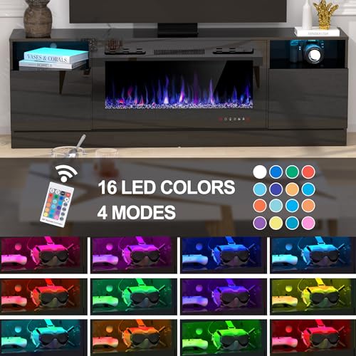 70" Fireplace TV Stand for TVs Up to 80" with 36" Electric Fireplace, TV Console for The Living Room, LED Light Entertainment Center, Storage Cabinet, Media Console Table, White