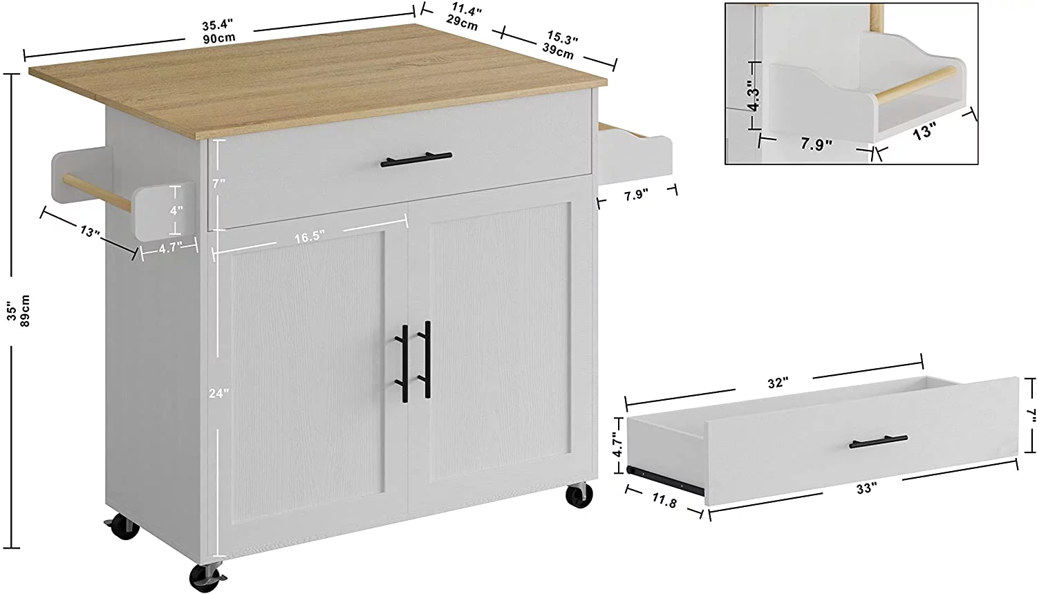 IRONCK Rolling Kitchen Island with Storage, with Storage Cabinet, Drawer, Spice Rack, Towel Rack, Kitchen Cart Table for Kitchen, White
