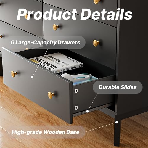 LYNSOM White Dresser for Bedroom, Modern 6 Drawer Double Dresser with Deep Drawers and Gold Knobs, Wood Storage Chest of Drawers for Living Room, Office