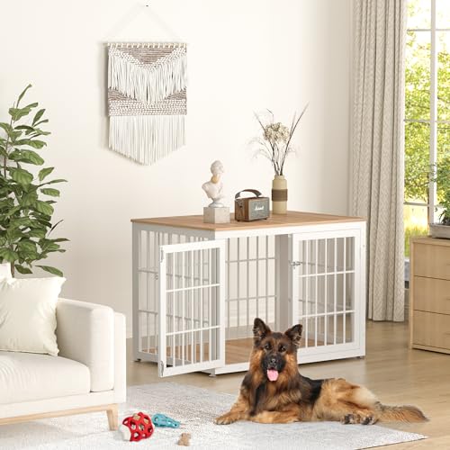 48 Inch Heavy Duty Dog Crate Furniture for Large Dogs, Decorative Pet House End Table, Extra Large Wooden Cage Kennel Furniture Indoor, Natural and White