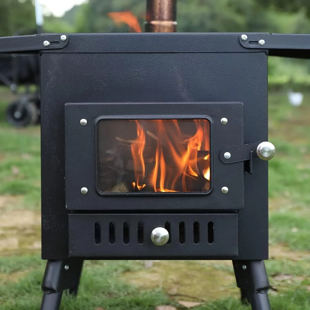 TOPTENG Camping Tent Stove, Large Tent Wood Stove with Window and 6 Chimney Pipe, Outdoor Portable Wood Burning Stove for Camping Hiking Cooking Travel Picnic Backpacking
