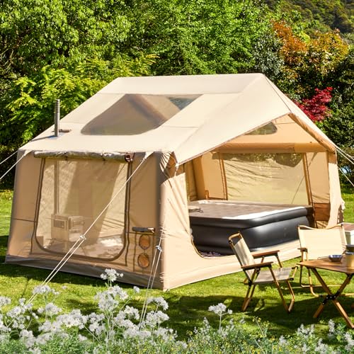 YOLENY Inflatable Tents for Camping, 4/6/8/10/12 Person Tent with TPU Skylight, Mesh Windows, Stove Jack & Pump, Easy Setup 4 Season Glamping Tent, Waterproof & Windproof