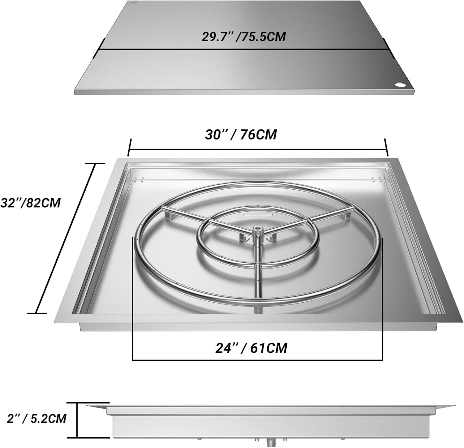 Skyflame 30" x 30" Square DIY Drop-in Firepit System Assembly Set with Stainless Steel Fire Pit Burner Pan, Burner Ring and Protective Cover, Fit for Both Natural Gas and Liquid Propane