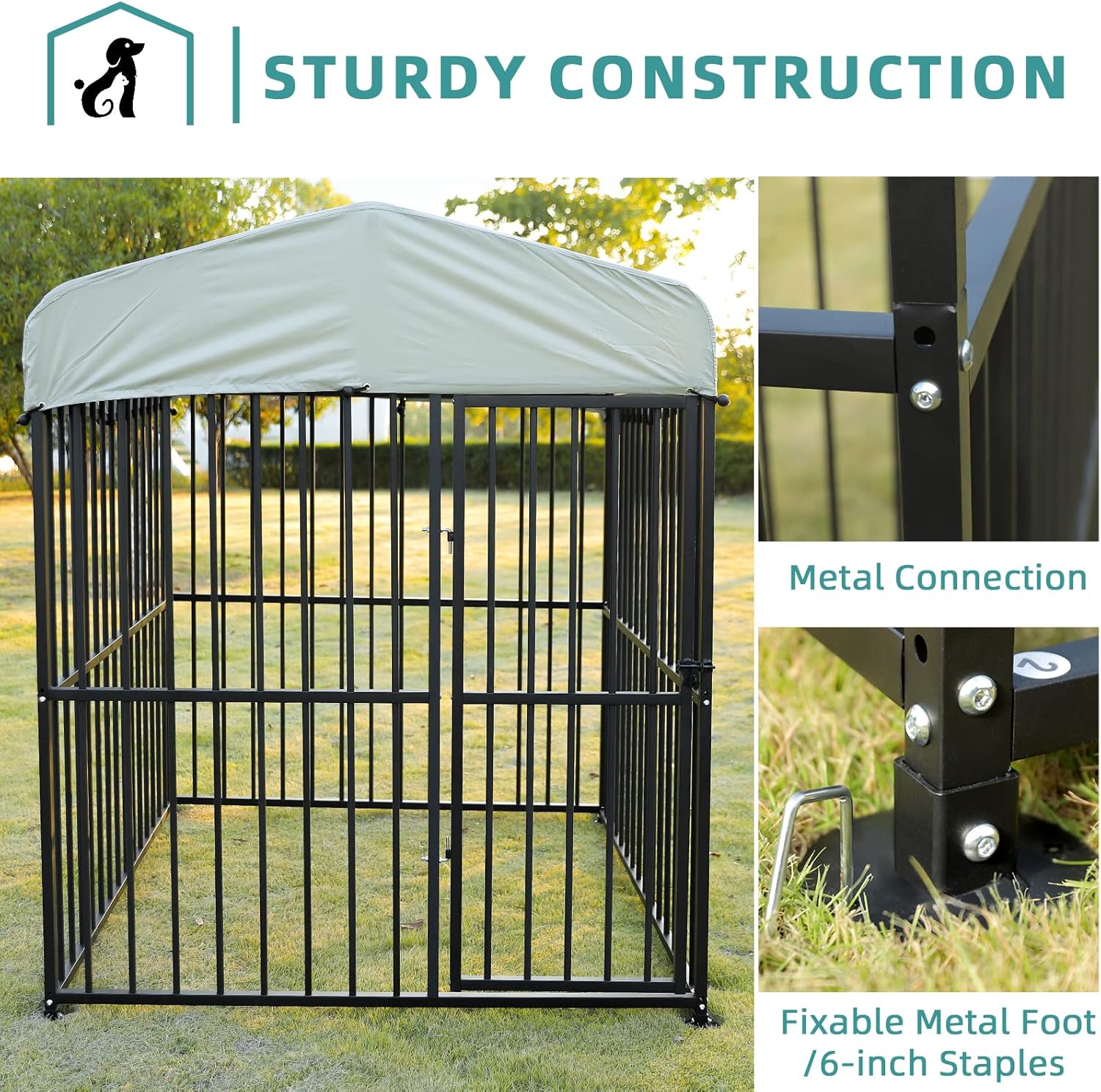 MEETWARM Large Outdoor Dog Kennel, Metal Heavy Duty Outdoor Indoor Pet Playpen, Anti-Rust Outdoor Dog Fence Dog Pens with Anti-UV & Waterproof Top Cover and Secure Lock for Backyard, 4'L x 8'W x 6'H