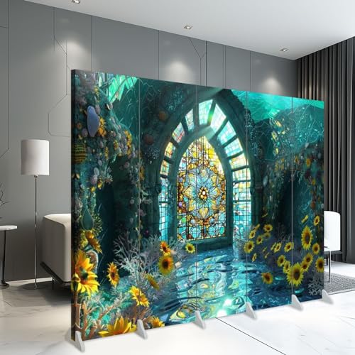 6 Panels Screen Room Divider Vibrant Sunflower Stained Glass White Washed Wall Decor Canvas Screen Indoor Folding Separator Freestanding Protective Wall Divider Privacy Partition