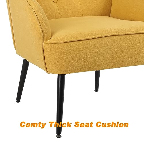 Linen Accent Chairs, Button-Tufted Bedroom Chair Mid Century Modern Armchairs with Black Metal Legs Upholstered Accent Chair Living Room Chairs, Orange