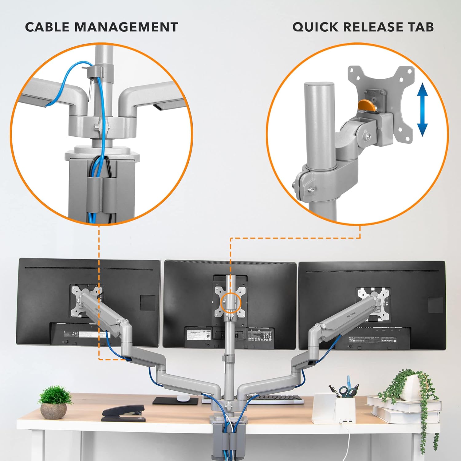 Mount-It! Triple Monitor Mount with USB and Audio Ports, 3 Monitor Desk Mount, Balanced Height Adjustable Triple Monitor Stand for Three Computer Screens 24 27 30 32 Inch VESA Screens, Gaming, Office