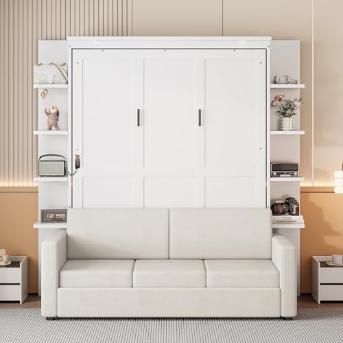 Polibi Queen Size Murphy Bed - Multi-Functional Wall Bed with Sofa Cushion, Folds into Cabinet, Ideal for Guest Room/Home Office/Gym, Gray