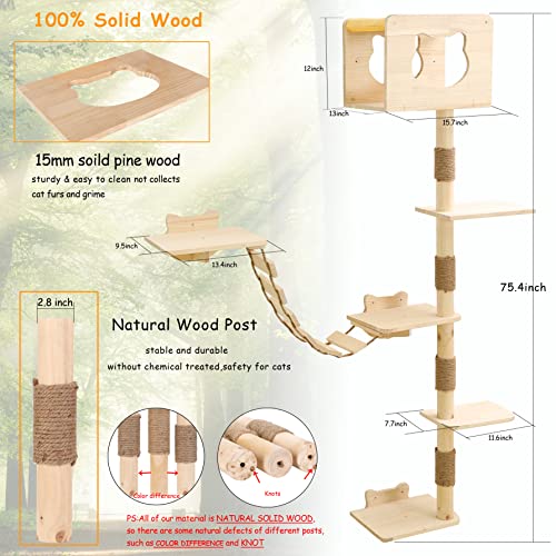 Cat Tree House with Hammock Wall Mount Cat Shelf Climbing Tall Activity Tower Solid Wood Indoor Cat Wall Furniture 75 Inch