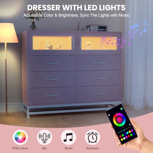 6 Drawer Dresser for Bedroom with LED Lights and Charging Station, Wooden Double Dresser with 2 Shelves & Mental Grid Handle, Modern Chest of Drawers for Bedroom, Entryway, Hallway, Pink