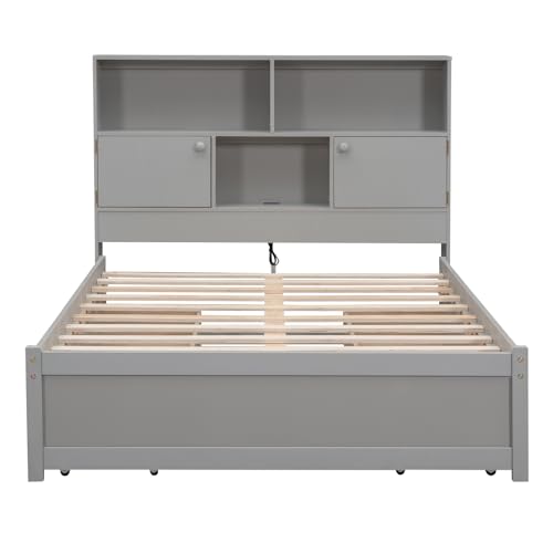 Full Size Platform 4 Storage Drawers, Charging Station & Bookcase Headboard, Wooden Bed Frame for Kids Teens Adults, No Box Spring Needed, Gray
