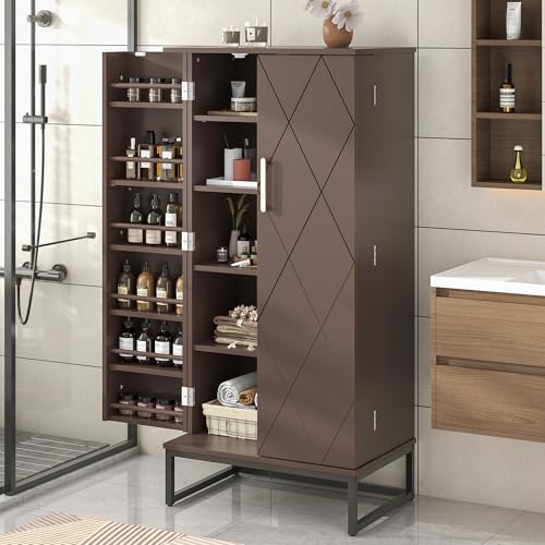 51” Pantry Cabinets, White Freestanding Kitchen Pantry Storage Cabinet with Adjustable Shelves, Buffet Cupboards Storage Cabinet for Home Office Use, White + Gold