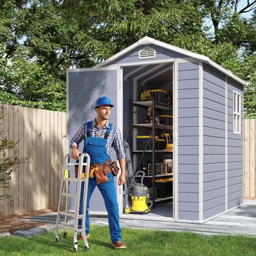 Aoxun 6 x 8 FT Outdoor Storage Shed with Window, Resin Shed with Floor & Lockable Doors, Garden Shed Waterproof Plastic Tool Shed with Sloped Roof for Backyard, Garden, Patio, Lawn, Grey