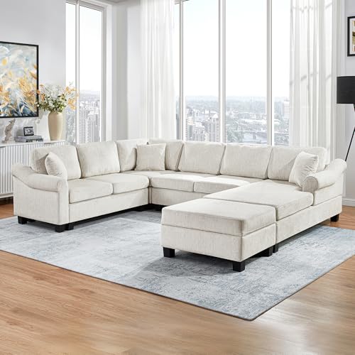 Oversized U-Shaped Sectional Sofa Couch Plush Corduroy Upholstered Modular Deep Seat Sofa&Couch Sectional W/Right Facing Chaise Lounge and 7 Toss Pillows for Home Apartment Living Room Furniture Sets
