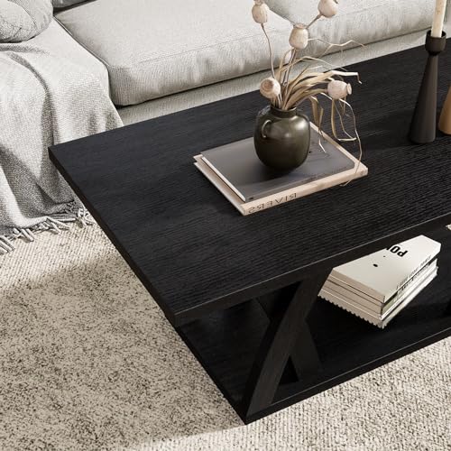 Farmhouse Coffee Table with Shelf, Wood Coffee Table for Living Room, Open Display Area,47” Dark Brown