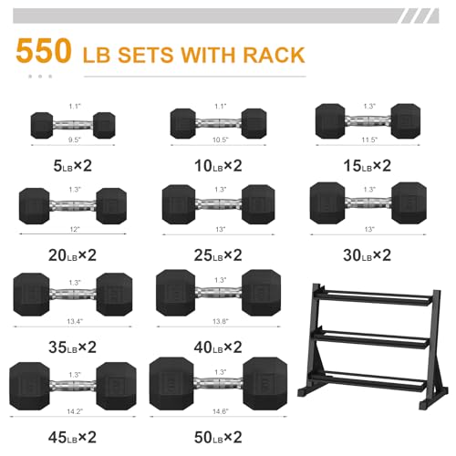 Premium Rubber Coated Hex Dumbbell Weight Set With Rack, Multiple Packages,210LB/350LB/450LB/550LB for Home Gym, Coated Hand Weights for Strength Training, Workouts