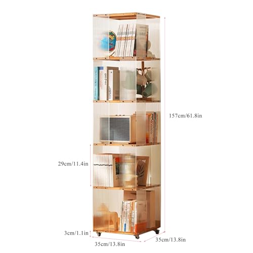 5/6 Tier Rolling Bookcase, Bamboo 360° Rotating Bookshelf Tower, Revolving Bookcase Stackable Bookshelf Organizer, Freestanding Spinning Bookshelf with Wheels for Bedroom, Living Room, Brown