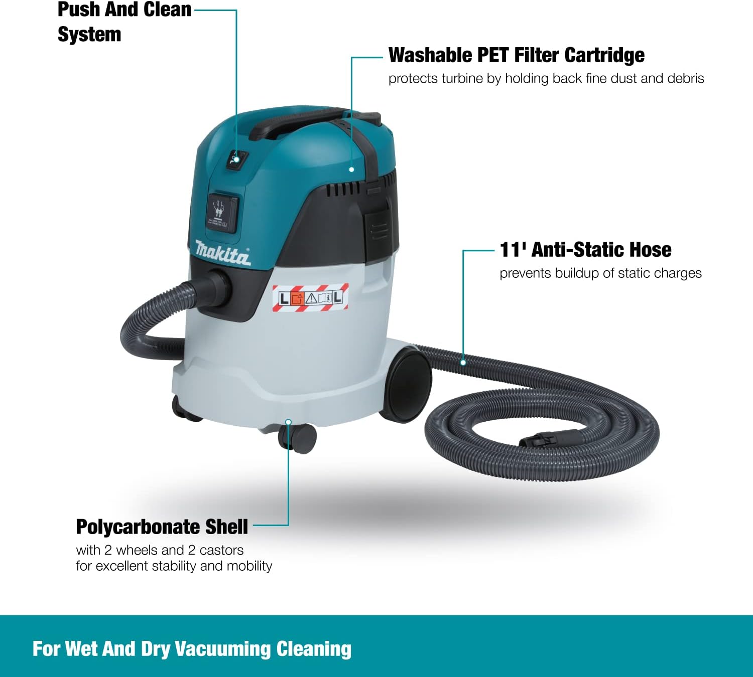 Makita VC2512L 25.0 L Push and Clean L Class Dust Extractor (9.4-Amp) for Wet & Dry Cleaning