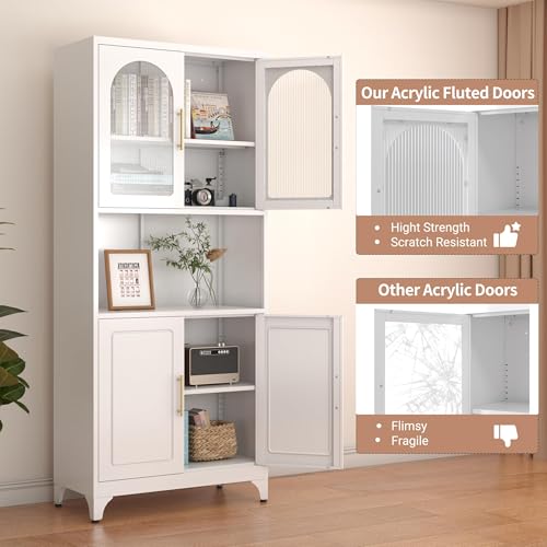 Kitchen Pantry Cabinet with Acrylic Glass Doors, 75" Metal Kitchen Hutch with Countertop, Adjustable Shelves, Freestanding Food Pantry Cabinet for Living, Dining Room, Black, Assembly Required