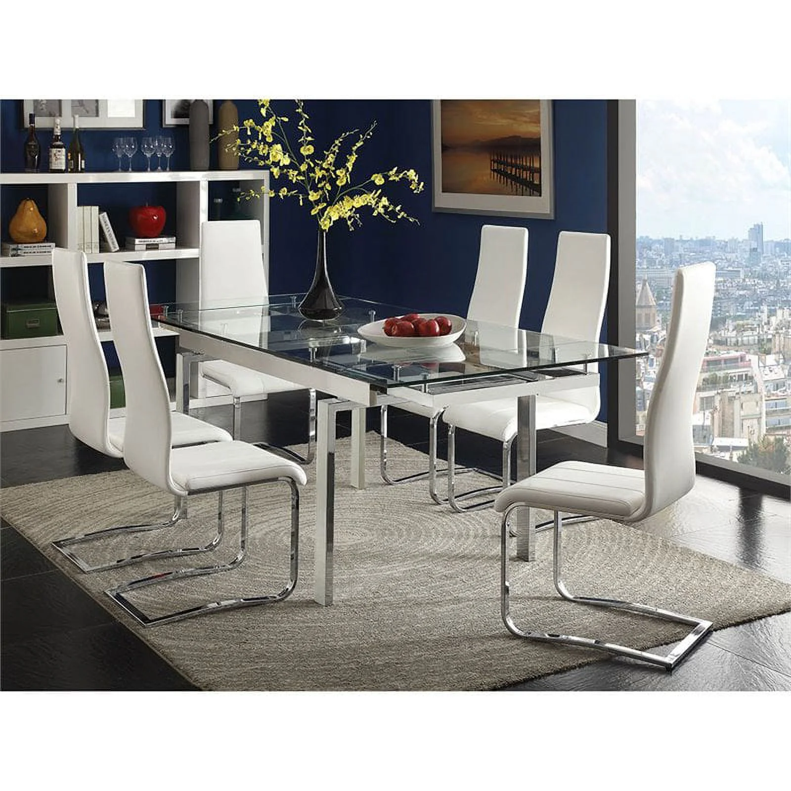 Home Square 5 Piece Set with Round Glass Top Dining Table and 4 Chairs in Cream