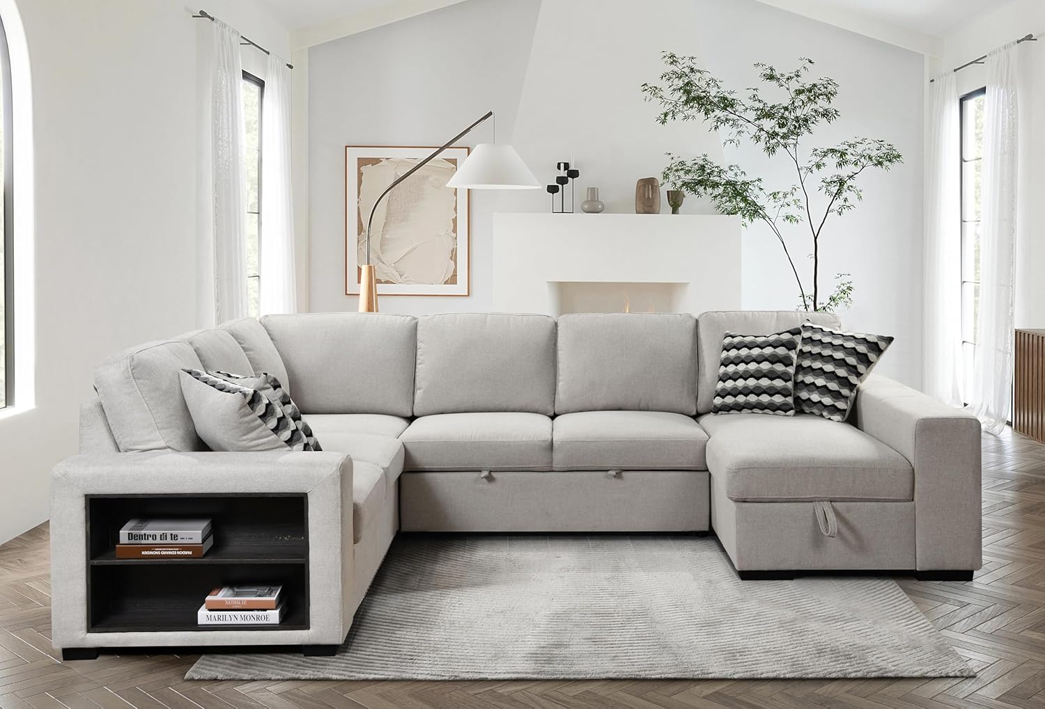 125'' Modern U Shaped 8 Seat Sectional Cabinet,Sofa Storage Chaise-Pull Out Couch Bed for Living Room, Beige
